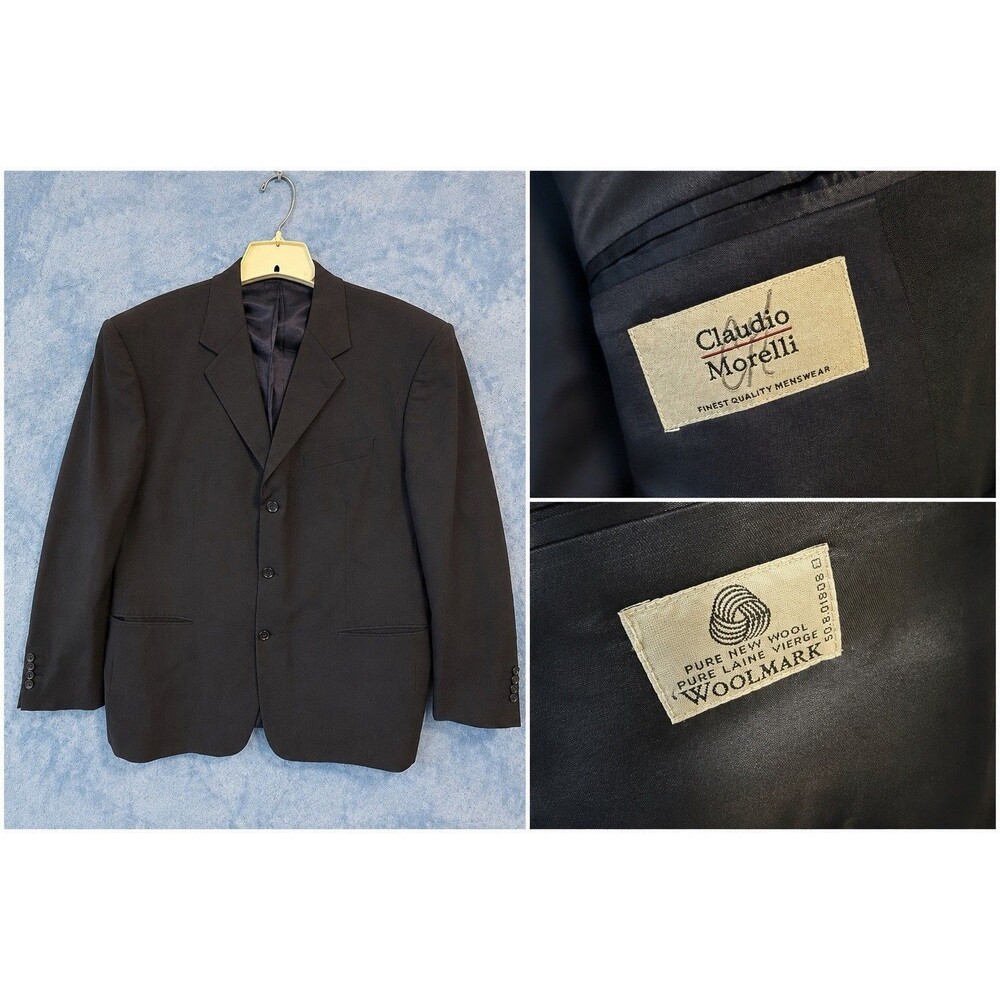 Vintage Claudio Morelli Mens 44R Navy 100% Wool Blazer Woolmark 3 Button Jacket